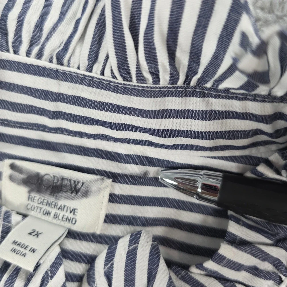 J.Crew Women 2X Blue Striped Ruffleneck Collar Button Up Shirt Cotton Blend
